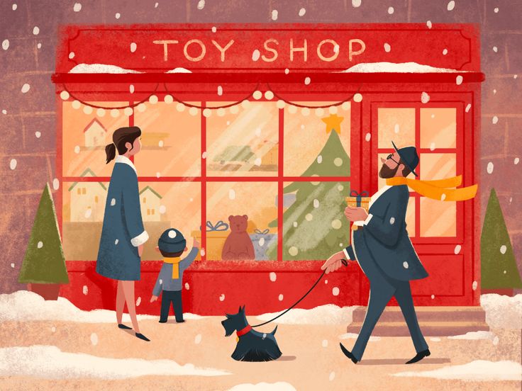 a man and woman walking their dogs in front of a toy shop on a snowy day