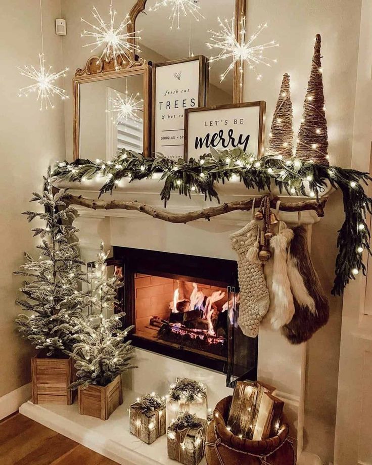 a fireplace decorated for christmas with stockings and garland on the mantel above it is a merry message