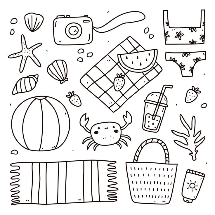 a black and white drawing of beach items