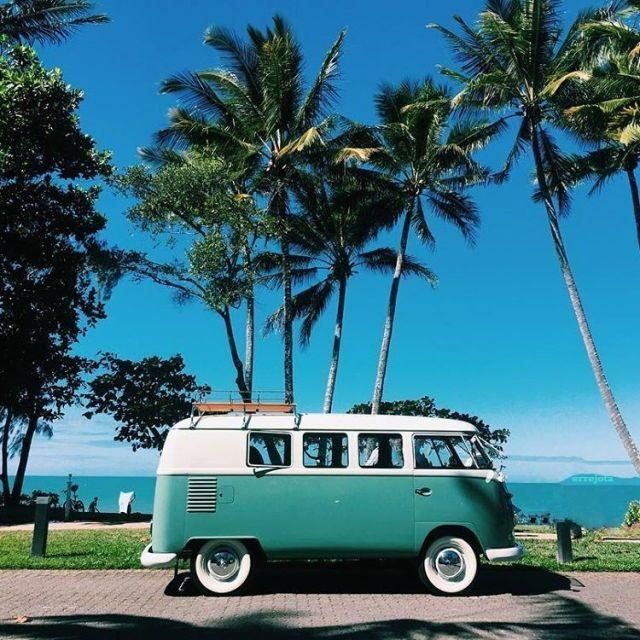 an old vw bus is parked on the side of the road near some palm trees