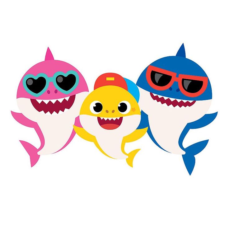 three cartoon sharks with sunglasses on their heads