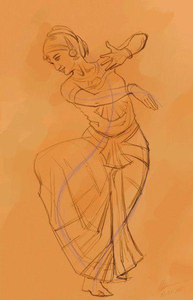 a drawing of a woman dancing with her hands on her hips and arms behind her back