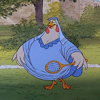 a cartoon character holding a tennis racquet in front of a tree and grass area