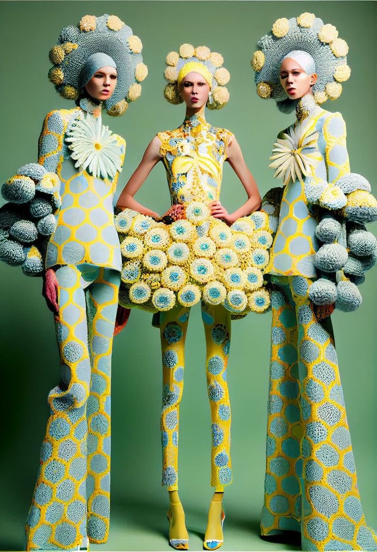 three models in yellow and blue outfits with flowers on their head, standing next to each other