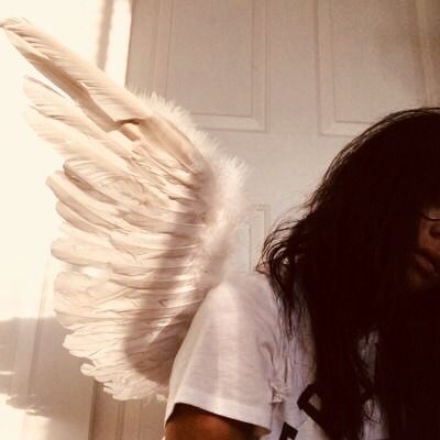 a woman with long hair and angel wings