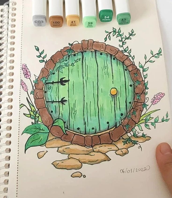 a drawing of a hobbot door in colored pencils with markers on it