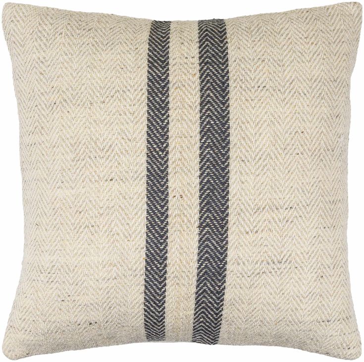 a black and white striped pillow on a white background, with two stripes in the middle