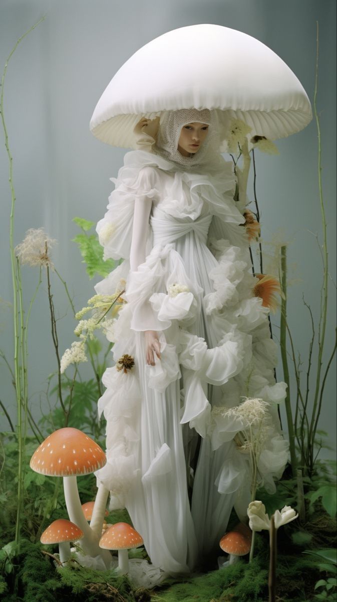 a woman dressed in white standing next to mushrooms and flowers with an umbrella over her head