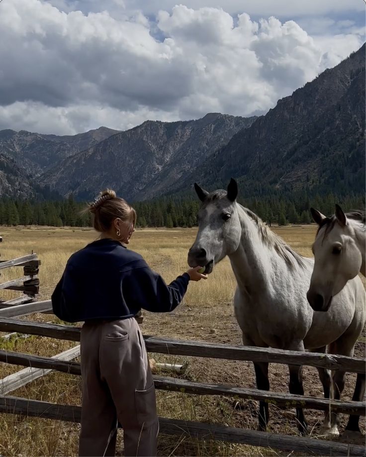 a woman petting two white horses in an open field with mountains in the background