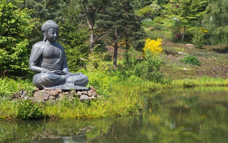 a buddha statue sitting on top of a rock next to a body of water with trees in the background