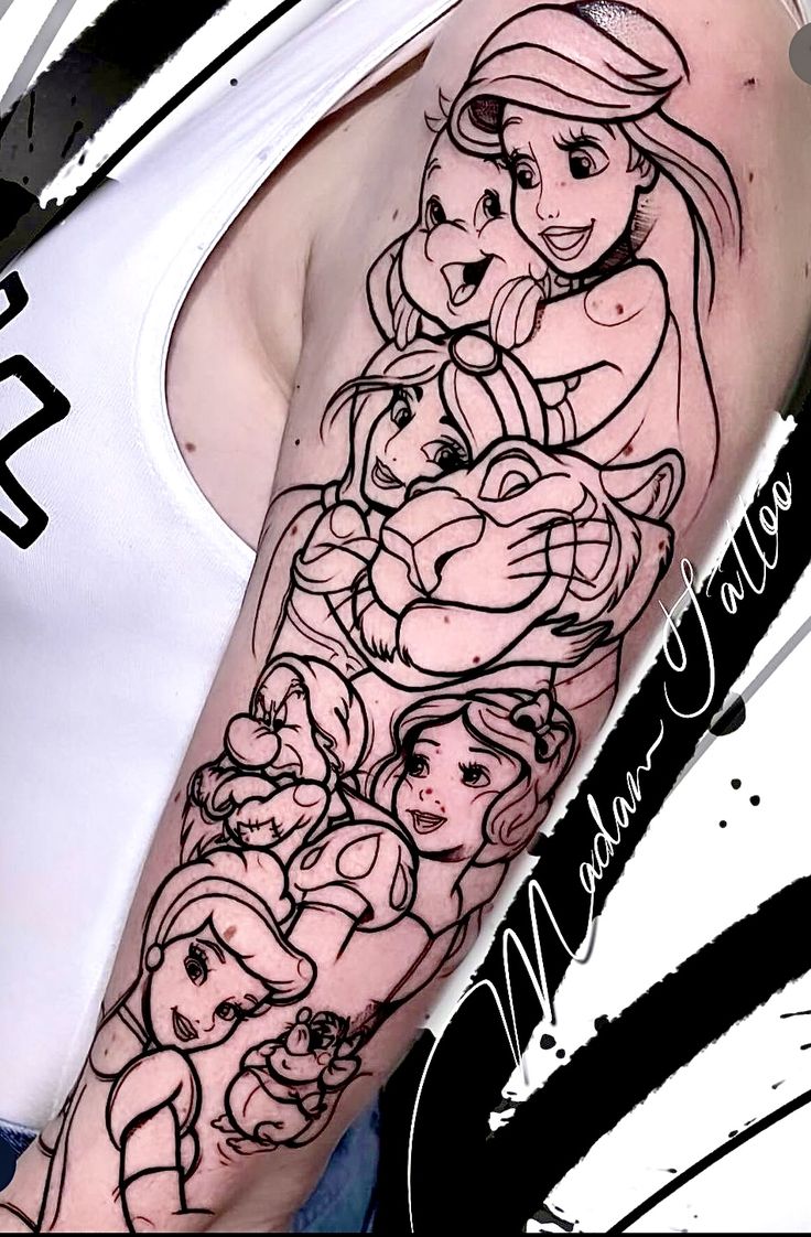 a woman's arm with an image of the princess and her babies on it