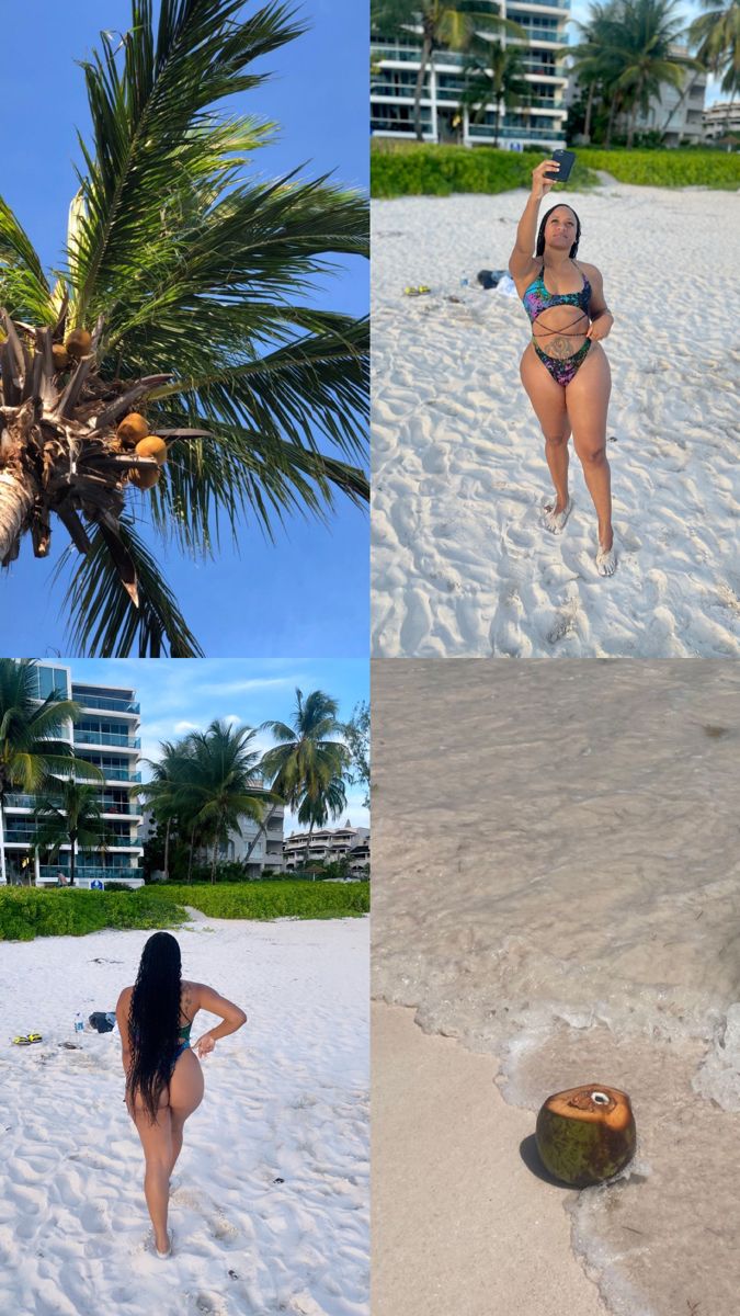 three pictures of women in bikinis on the beach and coconut trees at the beach