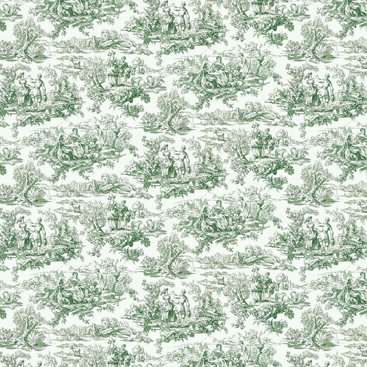 a green and white toiler wallpaper with people in the woods on it