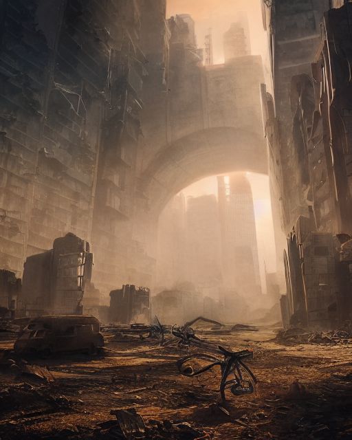 an image of a sci - fi city with ruins and rubbles in the foreground