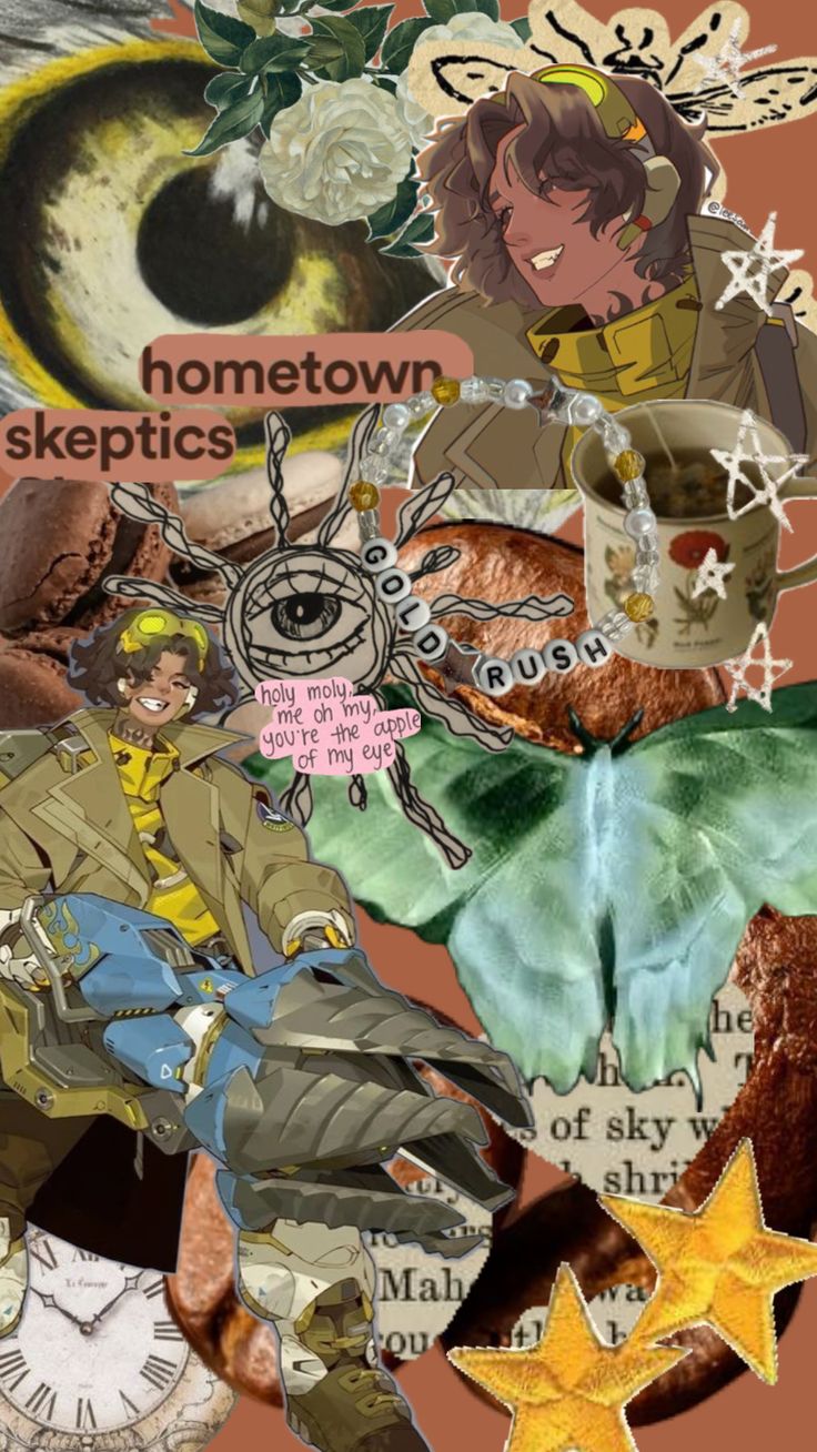 an artistic collage with many different things in the background, including flowers and other items