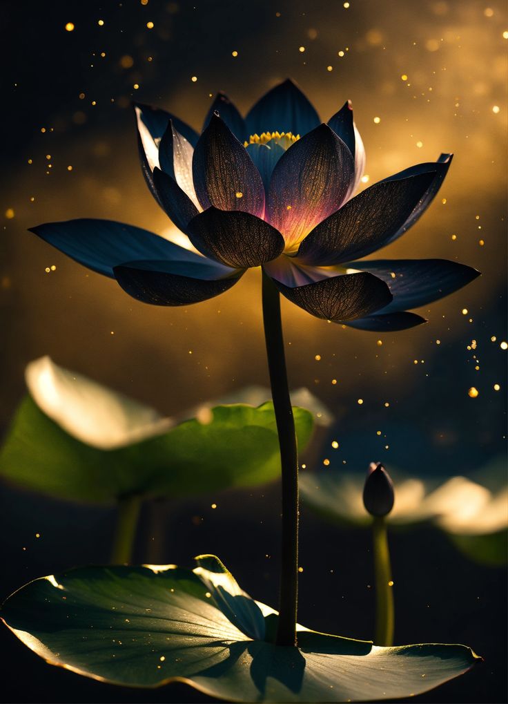 a lotus flower with water droplets floating on it's petals in front of a dark background