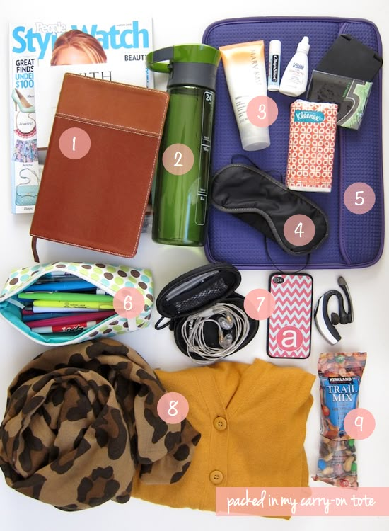 the contents of a travel bag laid out on top of a white surface with information about what to pack