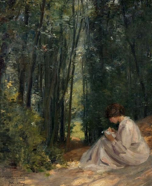 a painting of a woman sitting in the woods looking at her cell phone and reading