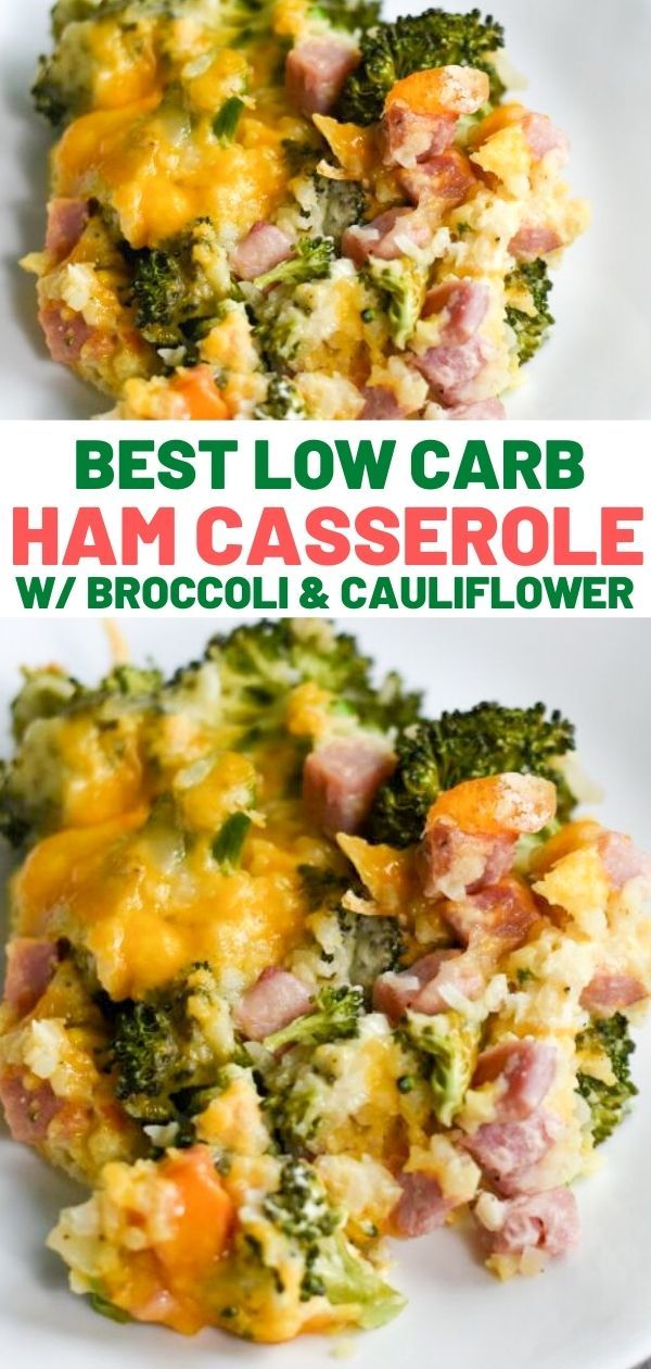 broccoli, ham and cauliflower casserole on a white plate