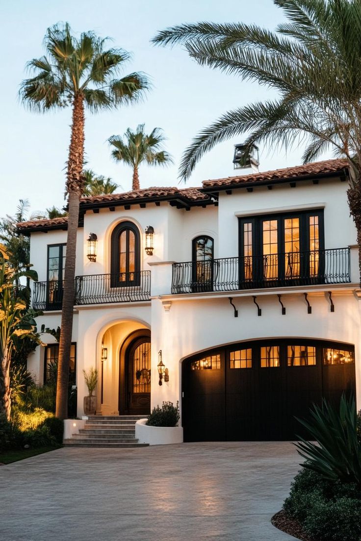 a large white house with palm trees in front