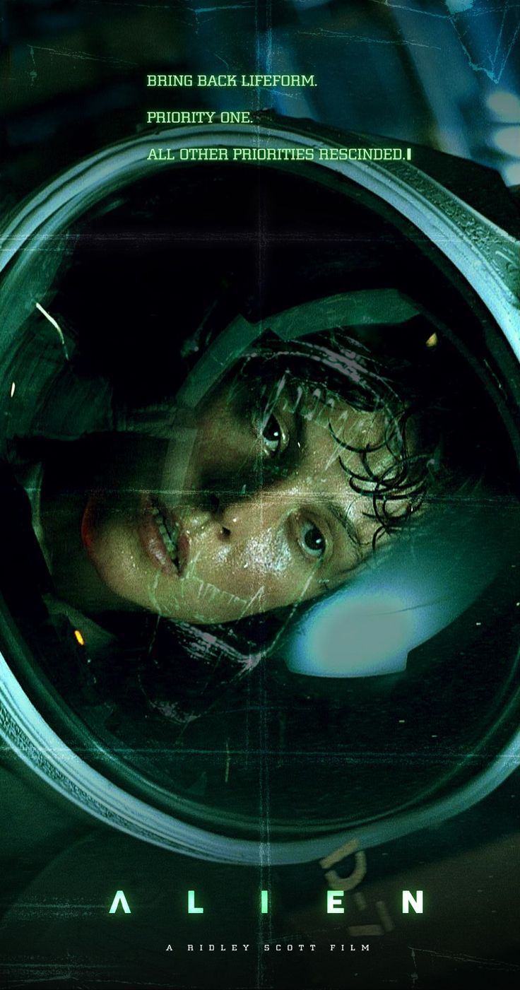 the alien movie poster with a man looking out from an open space station window in front of him