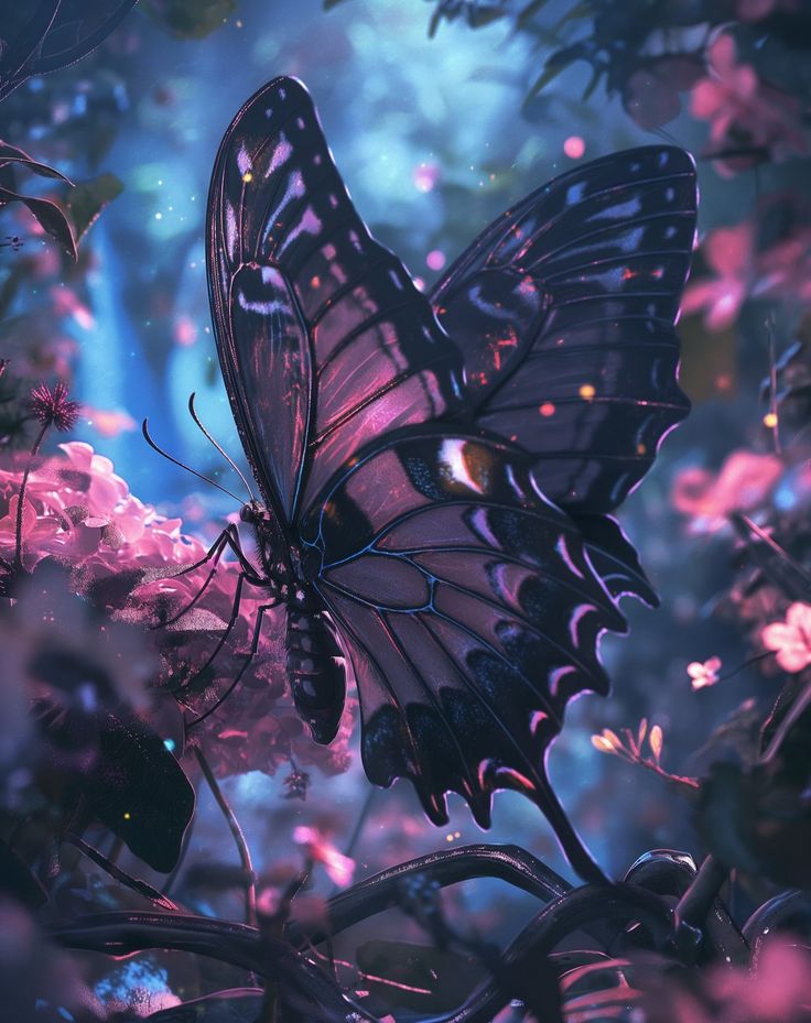 a purple butterfly sitting on top of a pink flower covered tree in the night sky