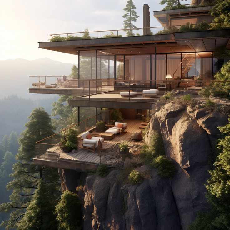 a house on top of a cliff overlooking the mountains