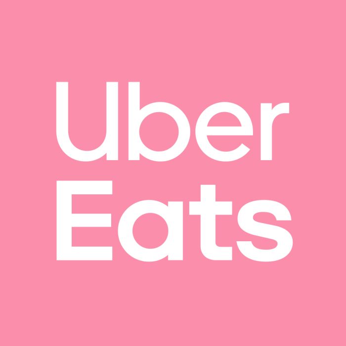 the words'uber eats'in white on a pink background with an image of a