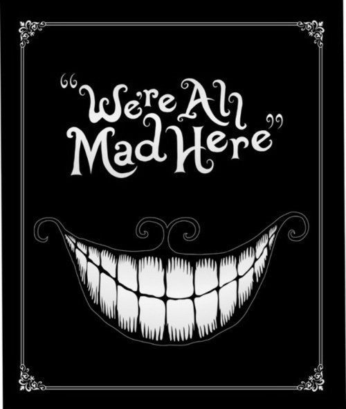 we're all mad here pillow with an evil smile on the front and bottom