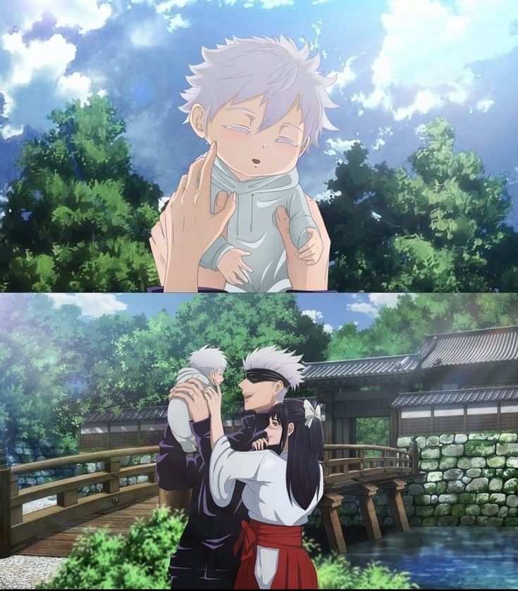 two anime characters, one holding a baby and the other looking at something