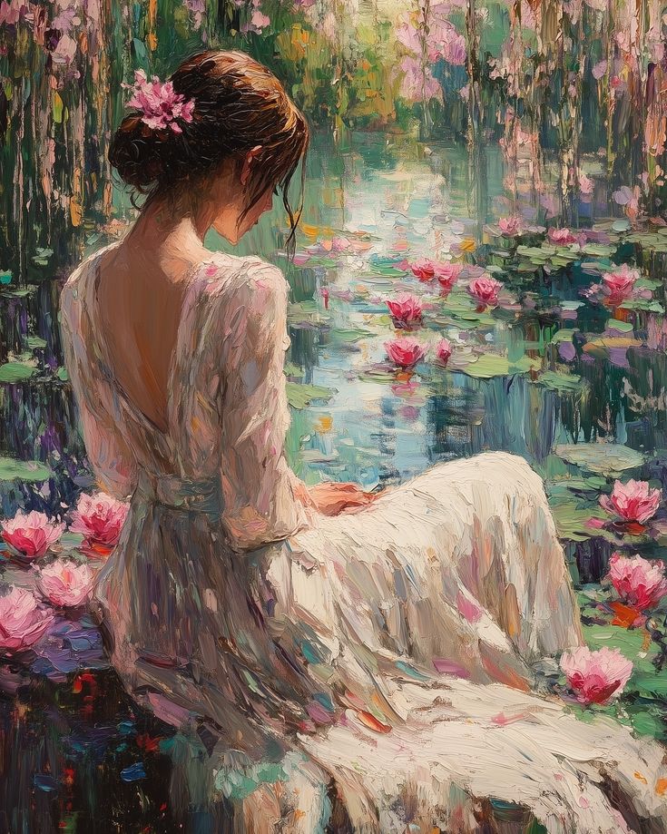 a painting of a woman sitting in front of water lillies