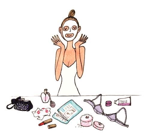 a drawing of a woman holding her hands up to her face with various items surrounding it