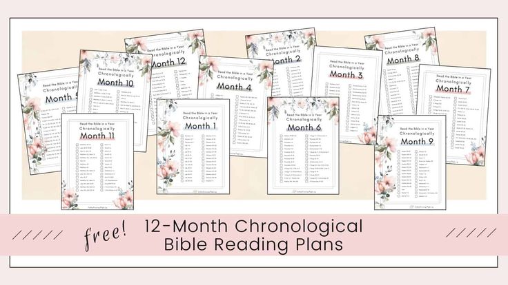 the 12 month chonological bible reading plans are lined up on a pink background