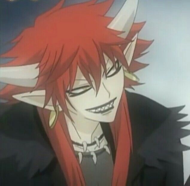 an anime character with red hair and horns