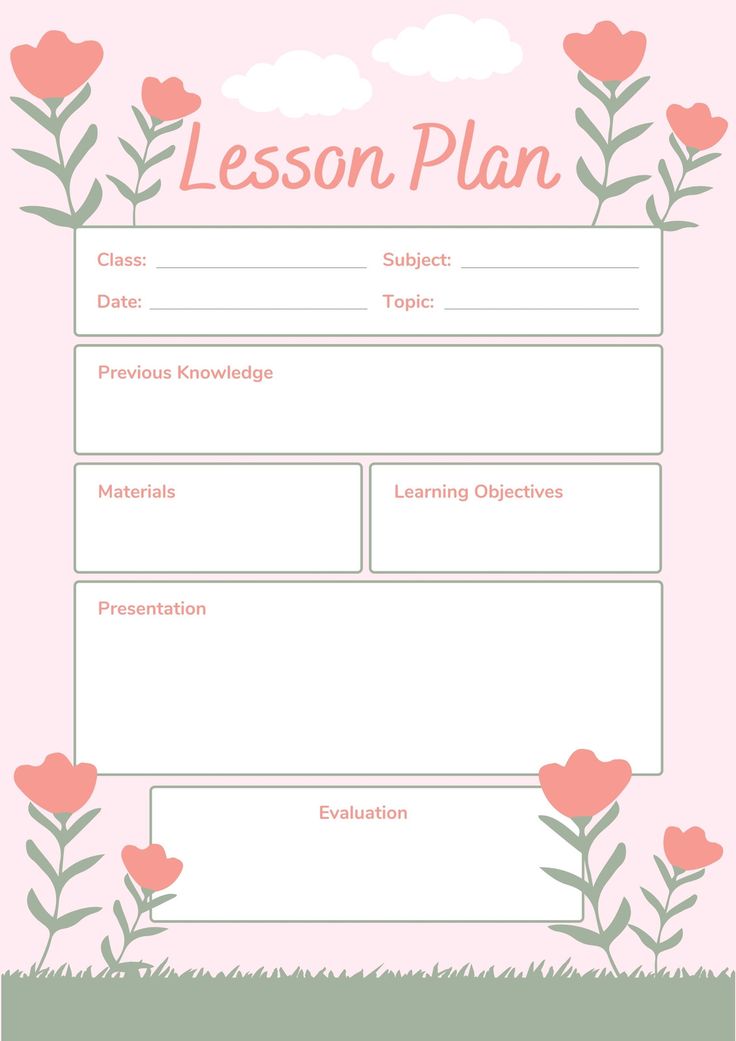 a lesson plan with flowers and clouds on the top, in pink background for children's learning