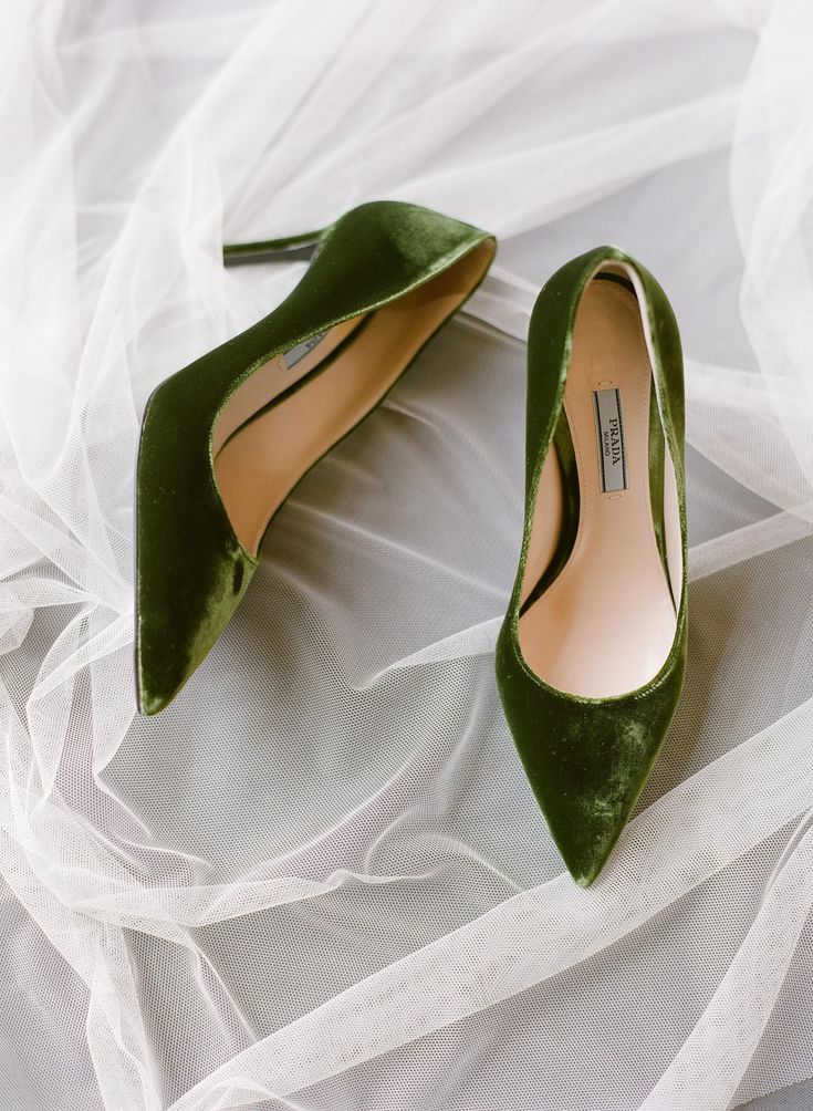 Olive-green velvet made these classically-shaped Prada heels one of a kind. Greg Finck, Fall Wedding Shoes, Bohemian Style Gown, Summer Wedding Shoes, Beautiful Wedding Shoes, Perfect Wedding Shoes, Dr Shoes, Tshirt Quilt, Nontraditional Wedding