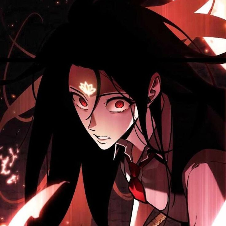 an anime character with long black hair and red eyes looking at something in the distance