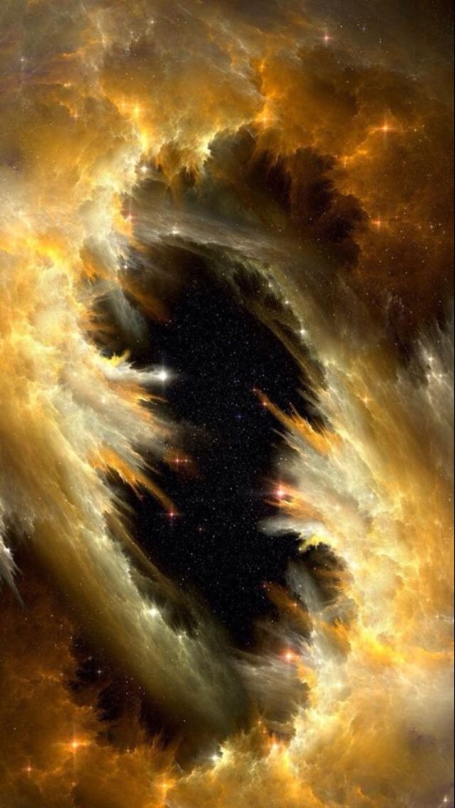 an image of a large black hole in the center of space with yellow and orange clouds