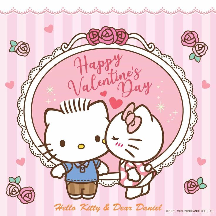 hello kitty and her friend are kissing in front of a pink frame with roses on it