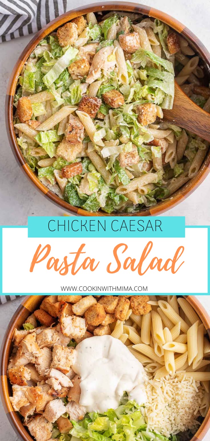 two bowls filled with pasta salad and chicken caesar in the middle, on top of a table