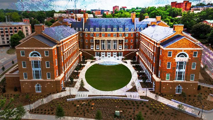 an aerial view of a large brick building