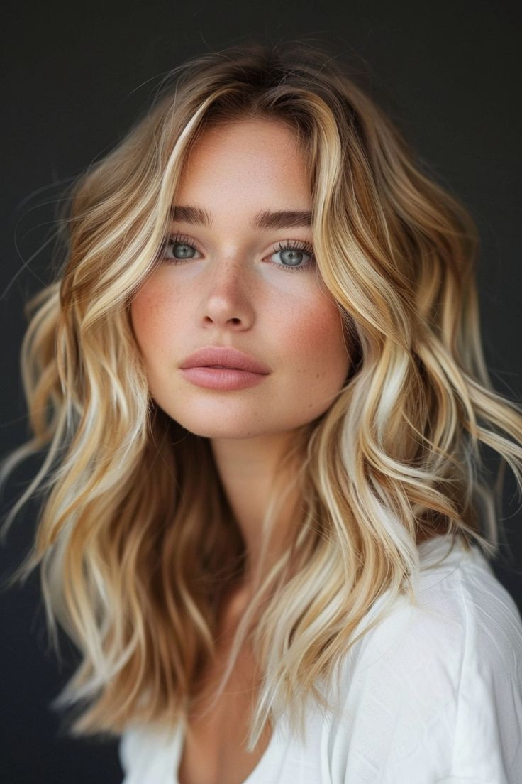 Medium length wavy hairstyles offer versatility and a chic, effortless look. Click for more inspiration. Wavy Hair Center Part, Medium Hair Down Styles, Mid Length Hair With Waves, Shoulder Length Hairstyles Blonde, Loose Curls Mid Length Hair, Wavy Hair Naturally Medium Length, Blonde Wavy Lob, Medium Hair Cuts For Thick Hair Wavy, Blow Dry Wavy Hair