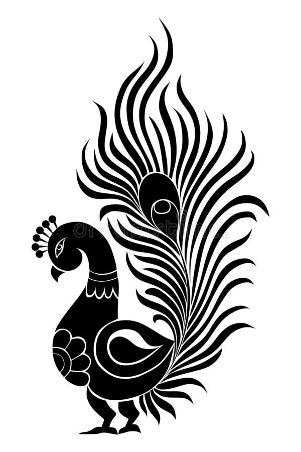 Peacock Stencil Design Black Doodle Print, Engraved Retro Pattern ...