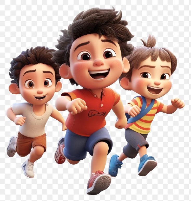 three children running together in the air with their arms around each other, transparent background