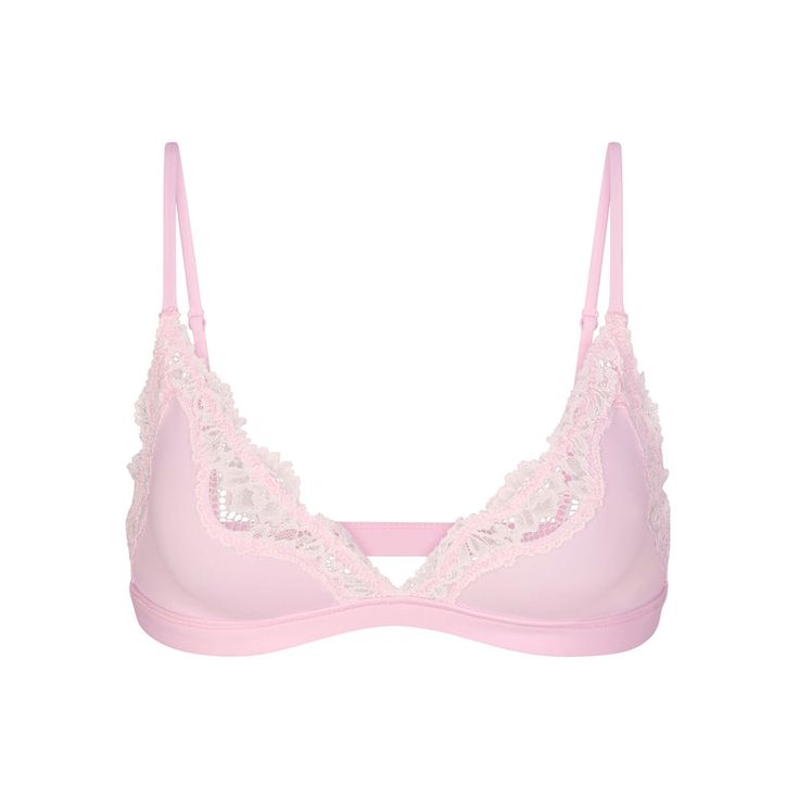 FITS EVERYBODY LACE TRIANGLE BRALETTE | CHERRY BLOSSOM TONAL Feminine Low-cut Bra With Delicate Straps, Pink Feminine Bra With Delicate Lace, Feminine Pink Bra With Delicate Lace, Feminine Delicate Lace Low-cut Bra, Delicate Lace Low-cut Feminine Bra, Feminine Triangle Top Bra With Delicate Lace, Low-cut Lace Trim Bra, Pink Seamless Triangle Bra, Lace Feminine Nursing Bra