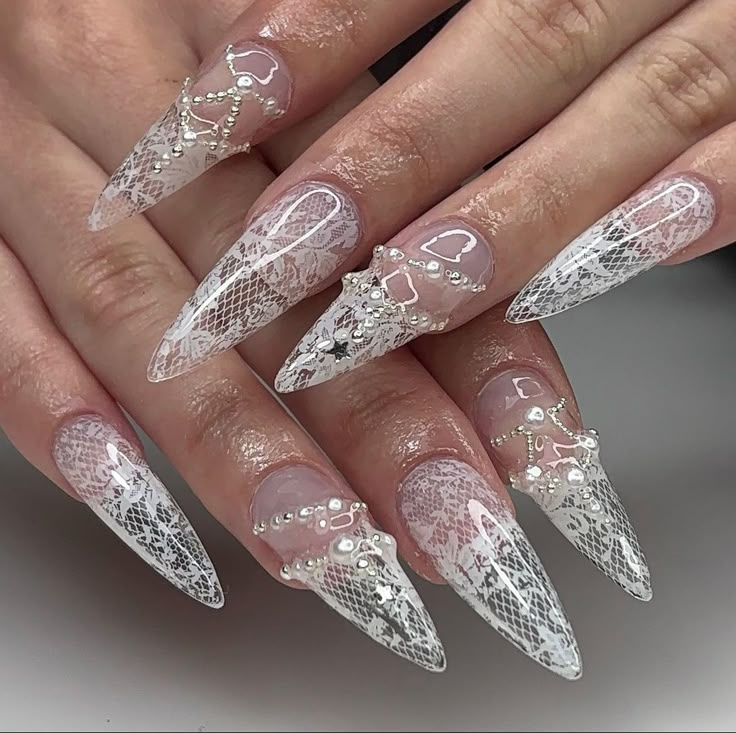 Lace Design On Nails, Lace Pattern Nails, White Lace Nail Design, Lace French Tip Nails, Lace Acrylic Nails, Lace Design Nails, Lace Nails Designs, Lacy Nails, Nail Stickers Designs Ideas