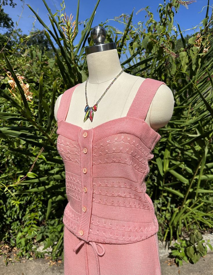 Thank You If You Favored One of My Items! You Will Receive 10% Off an Item of Your Choice, Unless It Is On Sale, Code17. Thank You. RARE 70's PINK KNIT Dress/70's Dresses/Pink Dresses/Barbie Core Dresses/70's Pink Dress/Barbie Core/70's Knits/Vintage Knits/Mint Condition RARE Circa 70's PINK KNIT Dress Dana Lauren Ltd. by John Radaelli Made in Hong Kong This is a Gorgeous Pink Knit Sundress.  It Buttons Down the Front and has a Tie Waist.  The Bodice and the Skirt have a Beautiful Design Pattern Pink 70s Dress, Fitted Pink Vintage Cottagecore Dress, Vintage Pink Knit Tops, Dresses 70s, Pink Lace Trim Vintage Dress, Knit Sundress, Pink Knit Dress, Pink 1970s Summer Dress, 1970s Pink Long Sleeve Dress