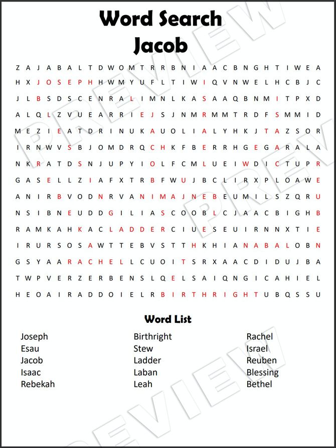 the word search is shown in black and white with red letters, including words that spell out