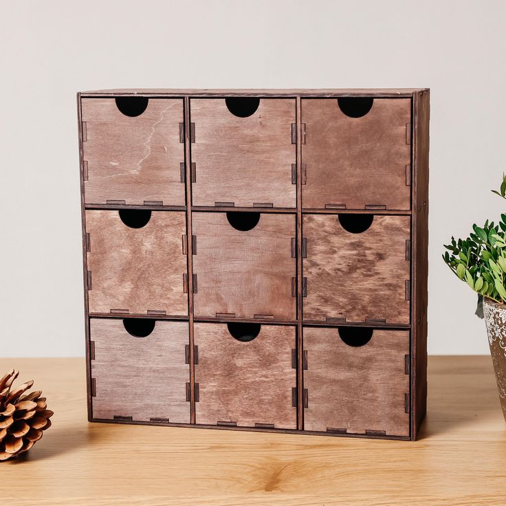 a wooden cabinet with six drawers next to a potted plant and pine cone on the table