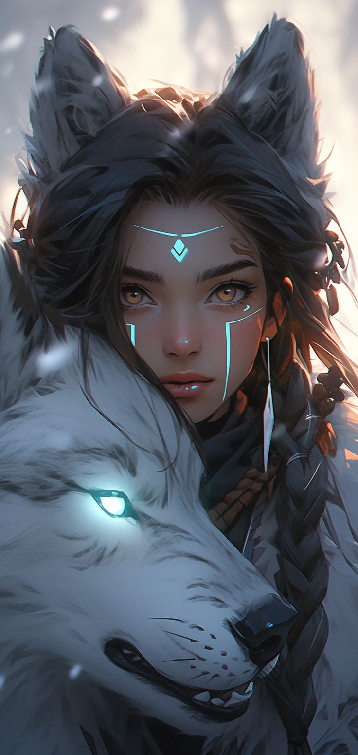 a woman with long hair and glowing eyes holding a wolf